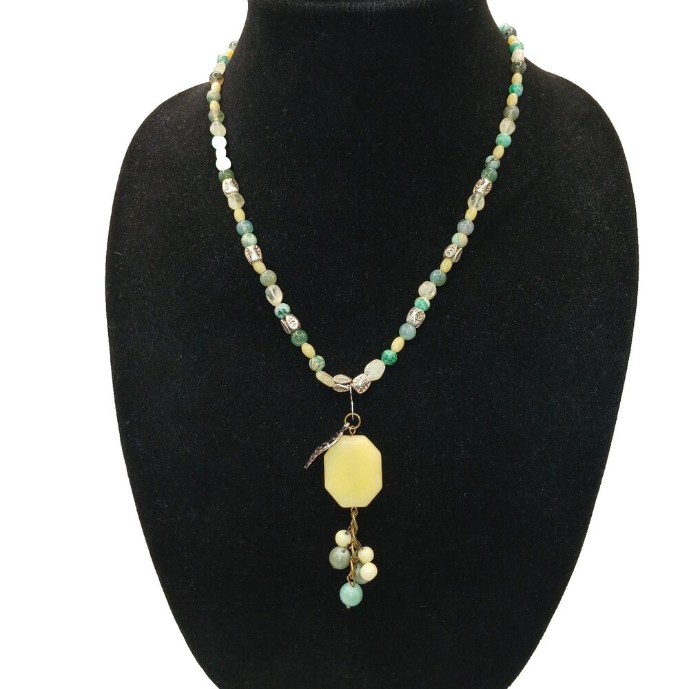 OOAK Beaded Gemstone Necklace Yellow Green & White Agate & Candy Jade 20 inches